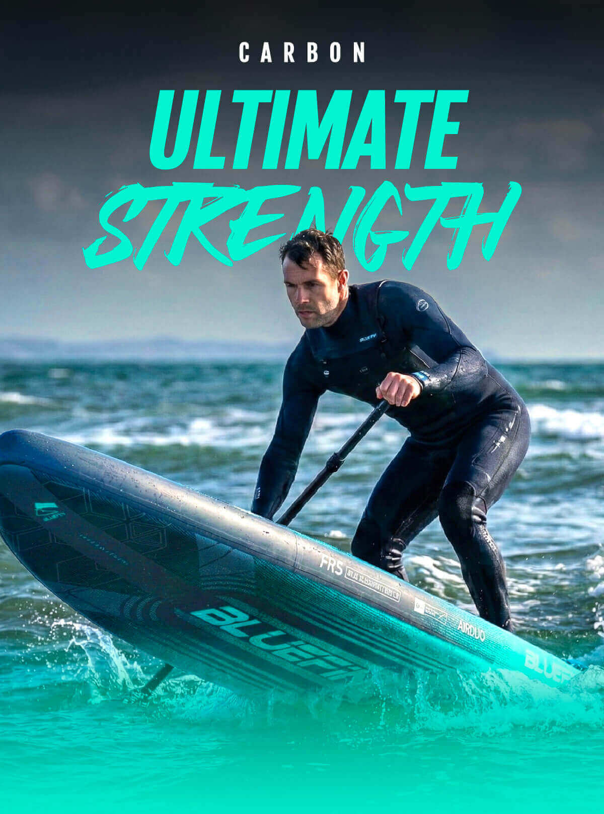 Person in a wetsuit paddling a Bluefin inflatable paddleboard on water with waves.