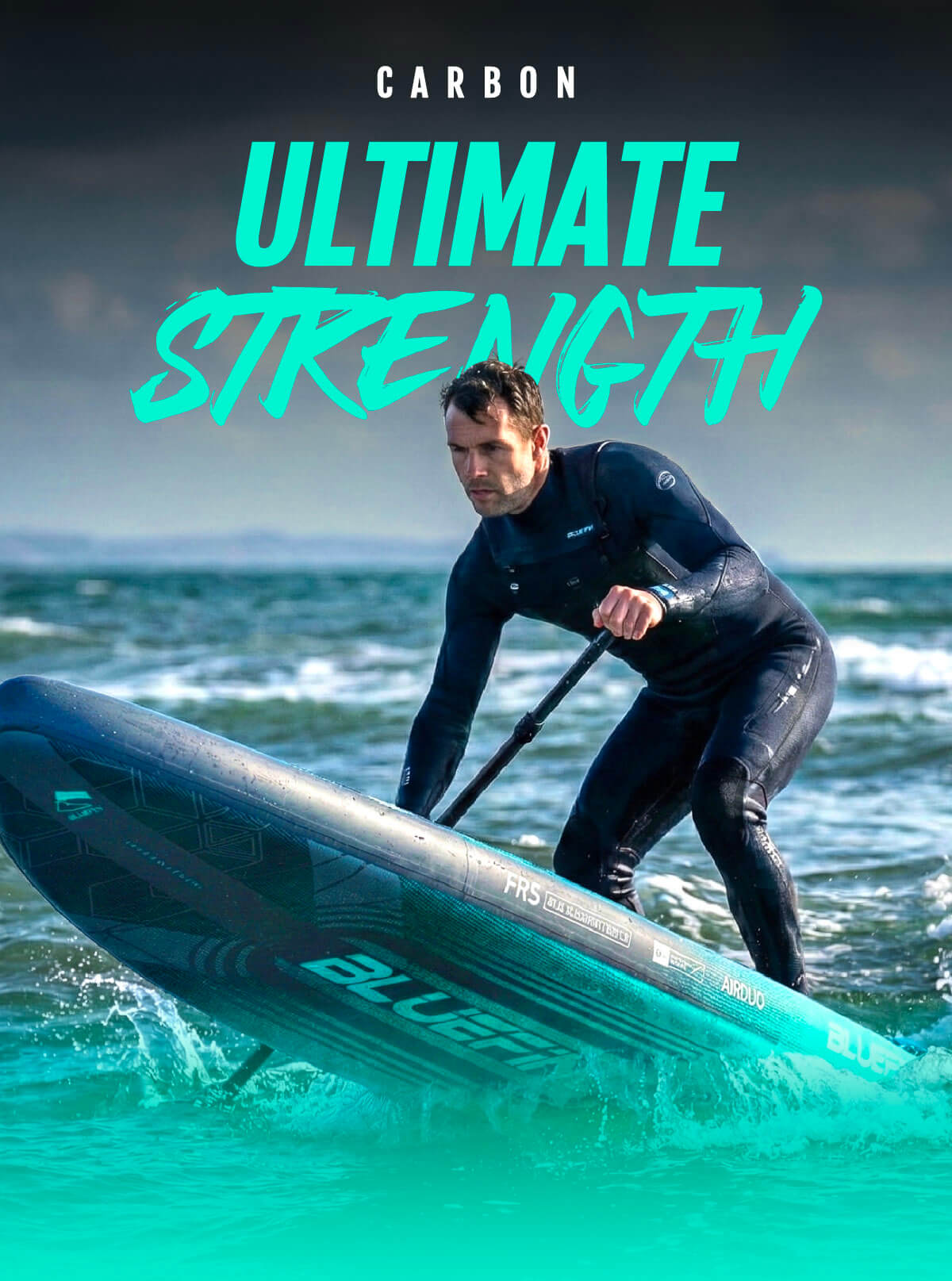 Person in a wetsuit paddling a Bluefin inflatable paddleboard on water with waves.