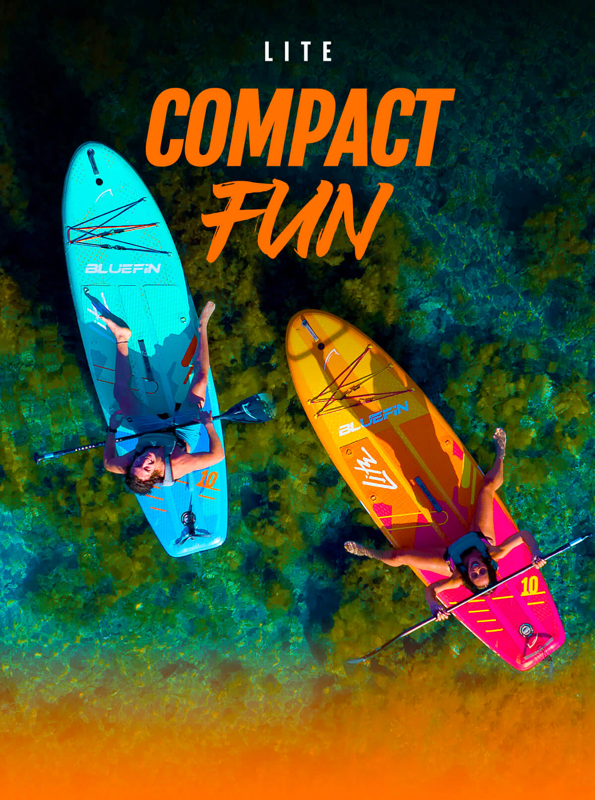 Two paddleboarders on colorful boards, one blue and one orange, floating on clear water.