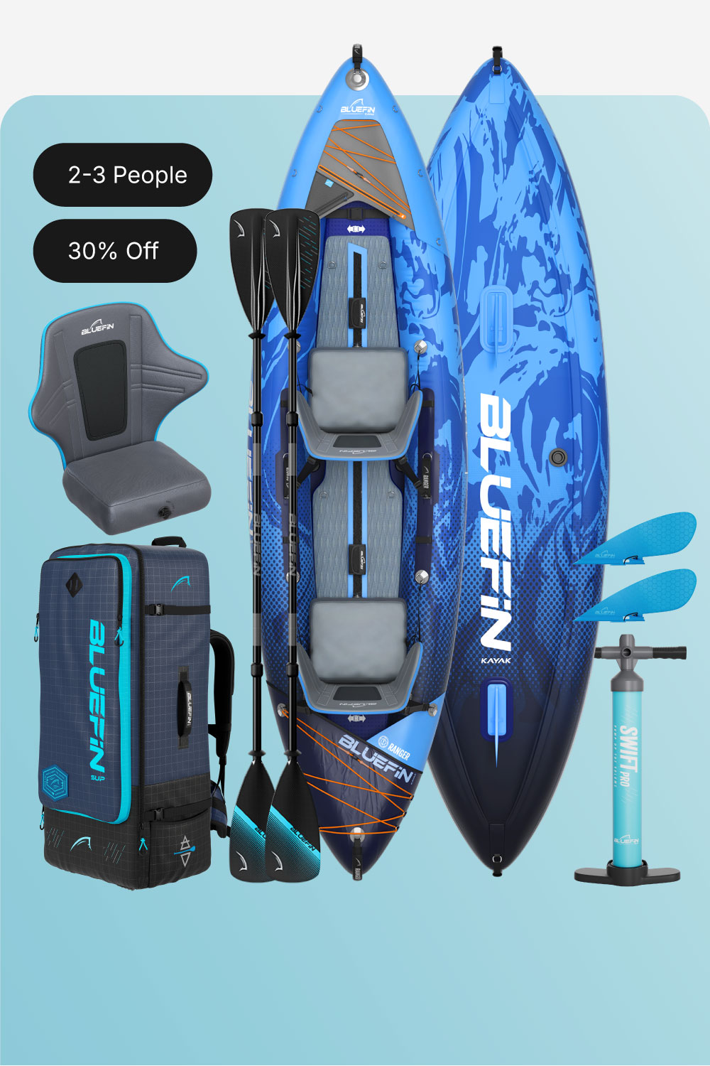 Inflatable kayak with two seats, paddles, pump, backpack, and a gray seat, designed for 2-3 people.