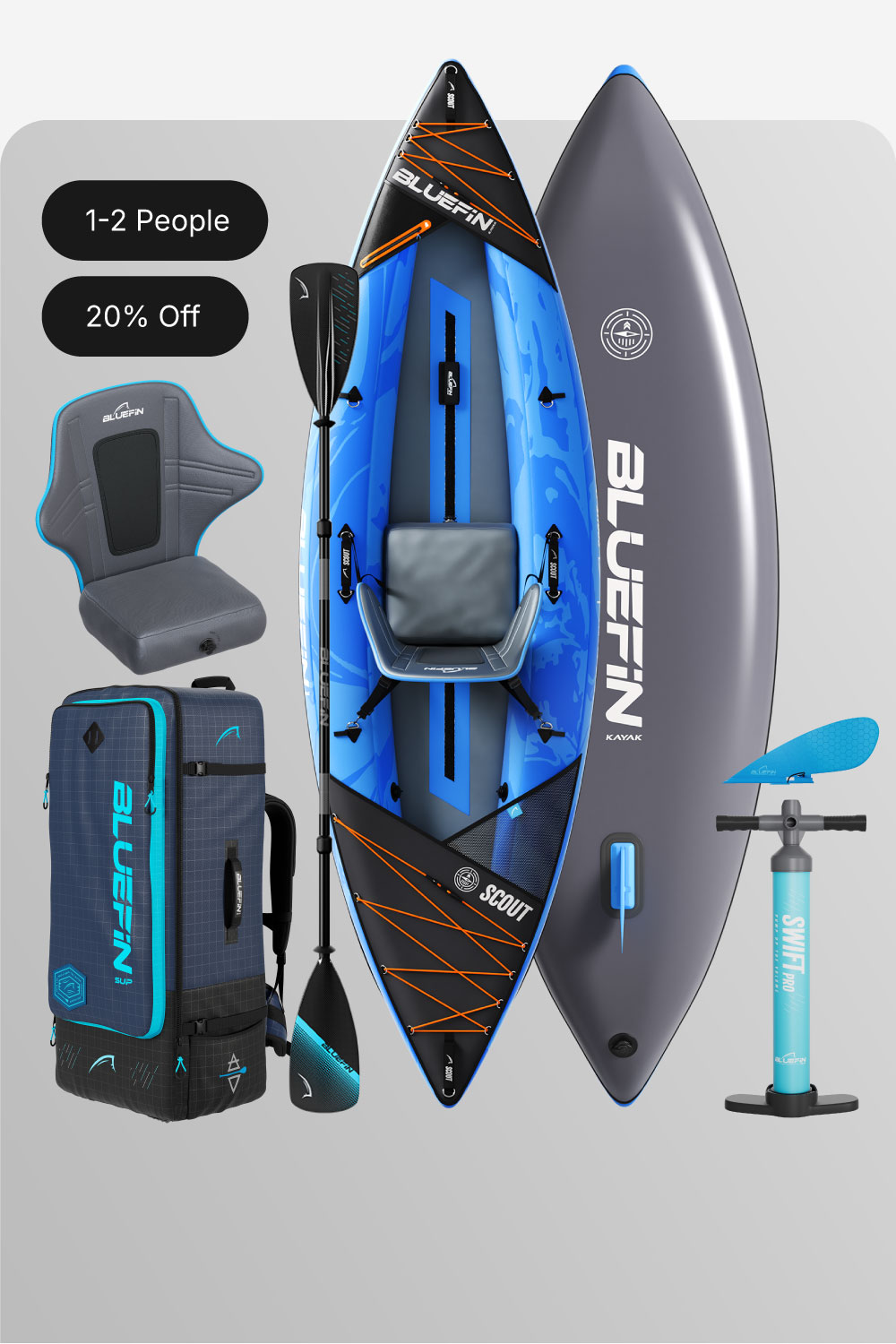 Inflatable kayak in blue with seat, paddle, pump, and carrying bag for 1-2 people.