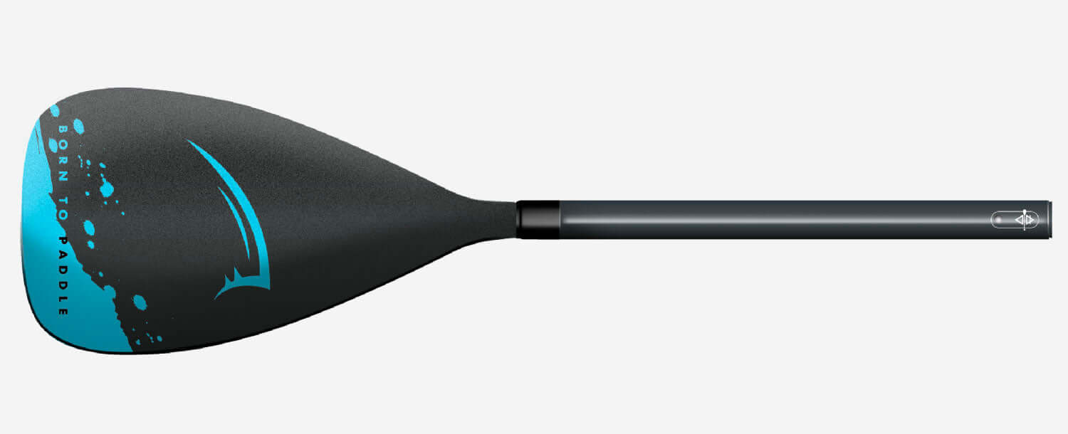 Paddle with a black blade featuring blue accents and text, attached to a gray shaft.