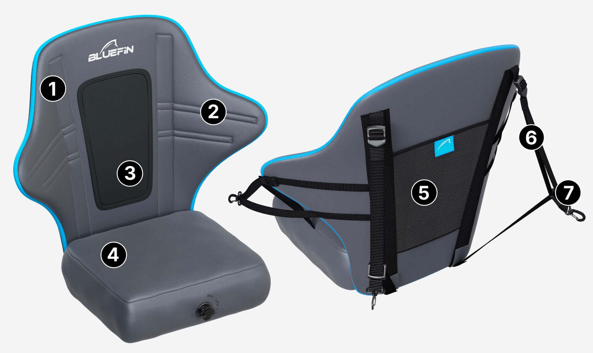 Gray padded kayak seat with adjustable straps, back support, and blue trim for comfort and stability