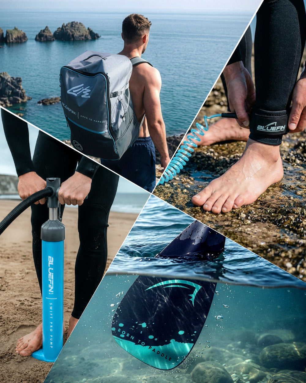Collage met een paddleboardrugzak, handpomp, enkelkoord en onderwatervin in kustlandschappen
