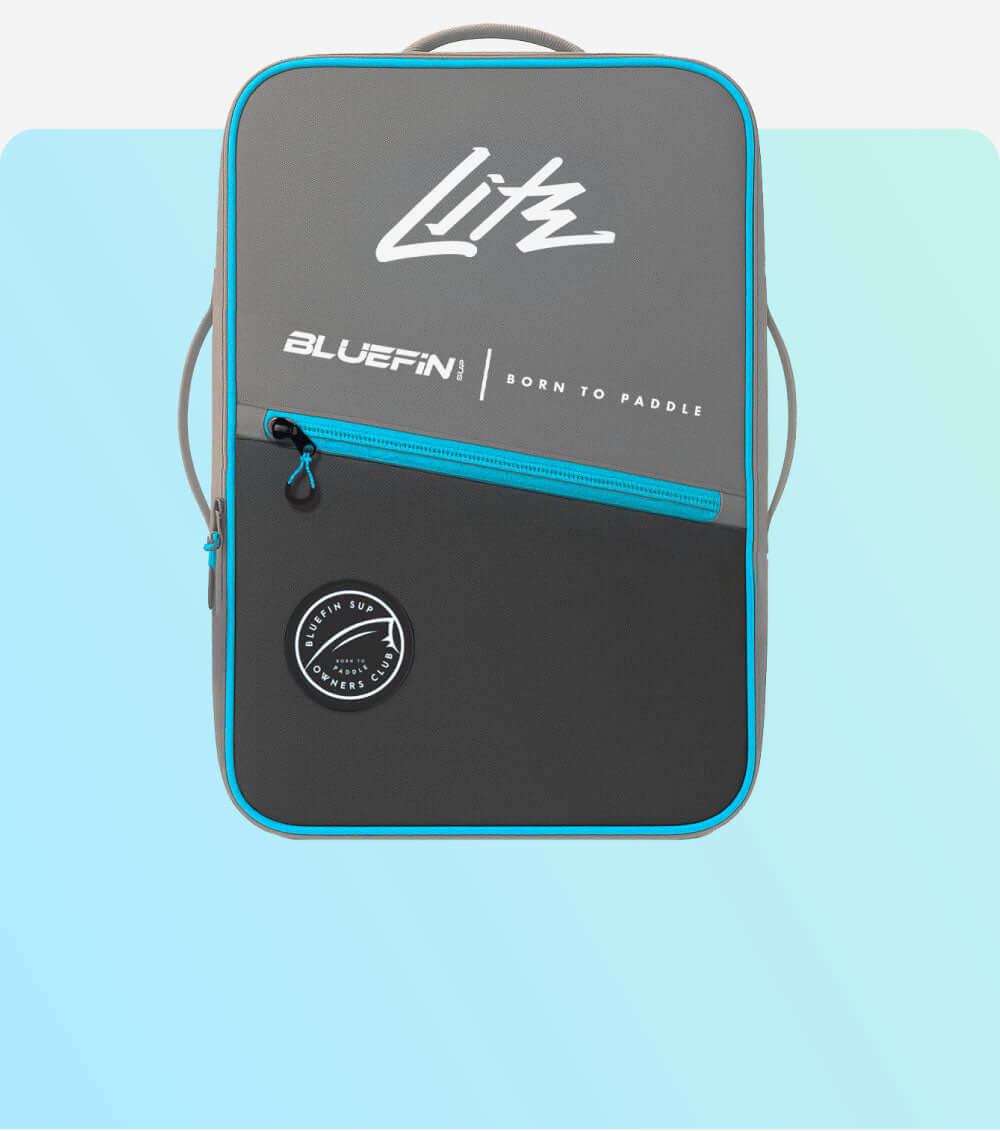 Gray backpack with blue accents, featuring zippers and logos for Bluefin and Lit.