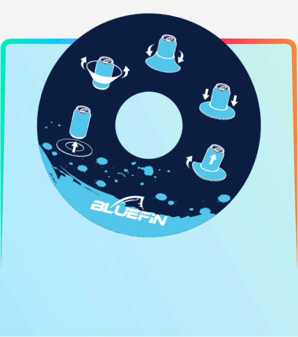 Diagram showing five paddleboard maneuvers with arrows, featuring a blue background and Bluefin logo.