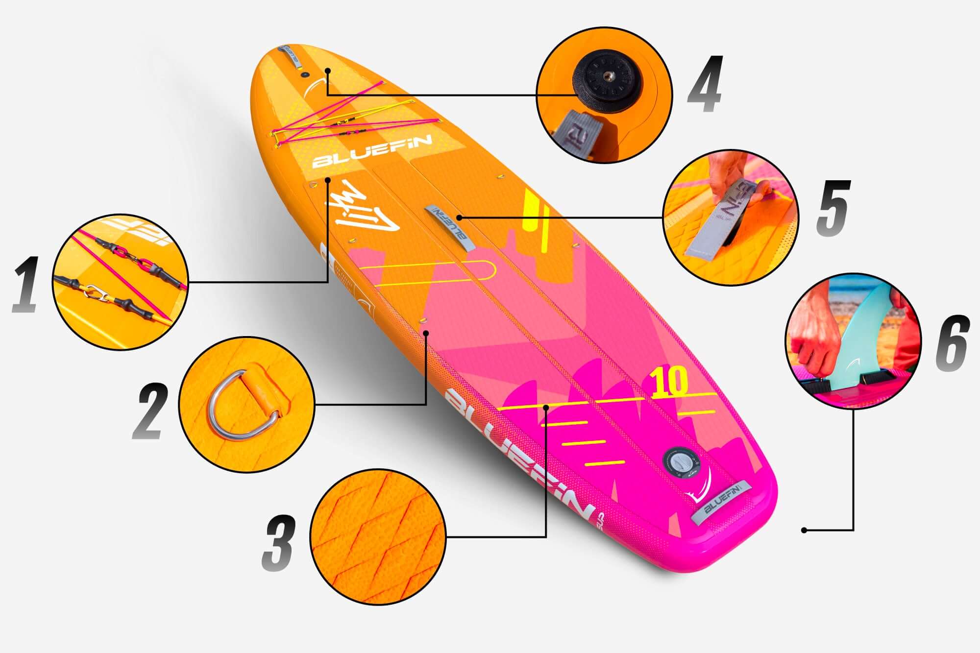 Inflatable paddleboard with orange and pink design, featuring fin, leash, D-ring, and textured deck pad