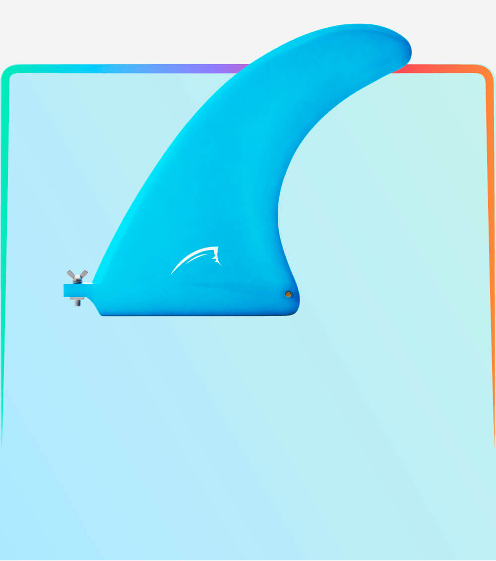 Blue surfboard fin with a logo, mounted on a colorful background.
