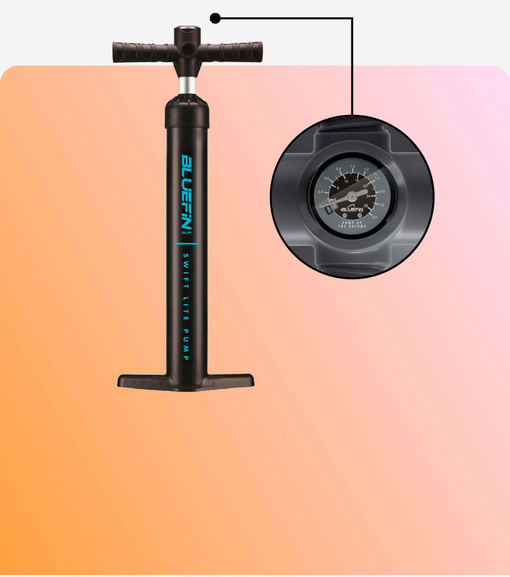 Black hand pump with gauge, marked "BLUEFIN SWIFT LITE PUMP" for inflating paddleboards