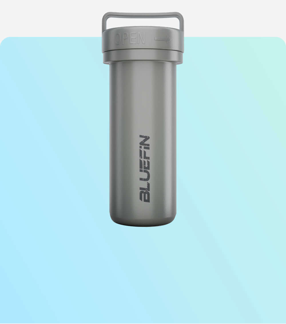 Gray waterproof container with a lid labeled 'OPEN' and Bluefin logo on the side