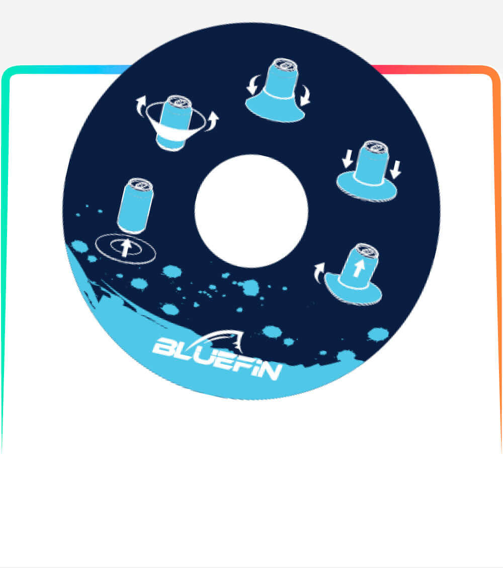 Diagram showing different paddleboard maneuvers with arrows and icons on a blue background