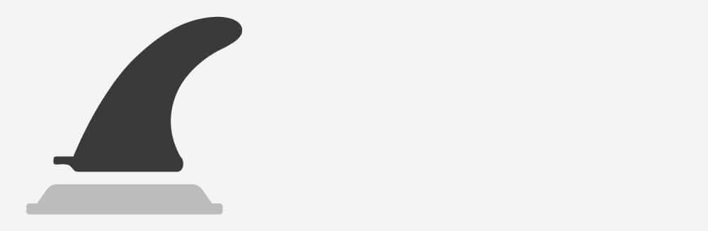 Black surfboard fin with a curved shape mounted on a gray base, designed for stability and performance.