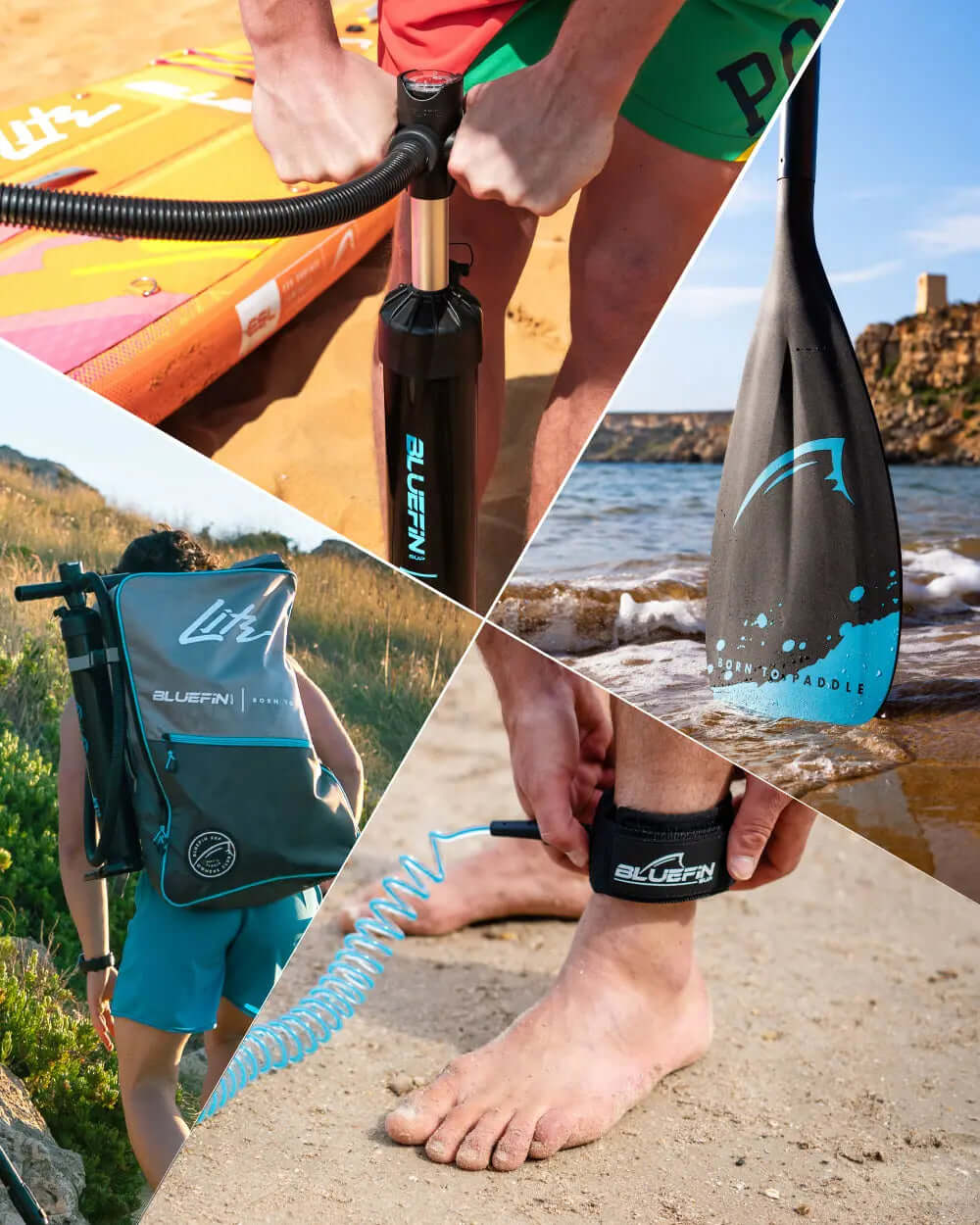 Collage of Bluefin SUP products: pump, paddle, backpack, and ankle leash on sandy beach.