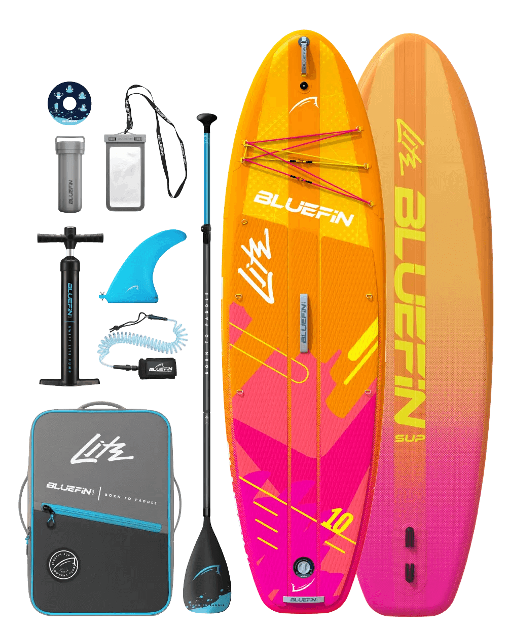 Inflatable paddleboard in orange and pink with paddle, fin, pump, backpack, and accessories.