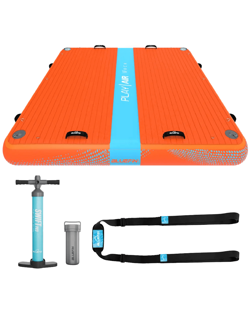 Inflatable orange paddleboard with blue center stripe, pump, storage bag, and straps for transport