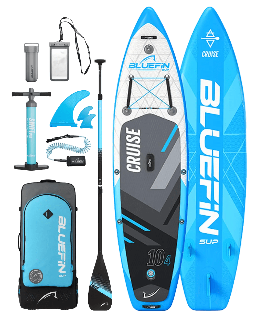 Inflatable paddleboard kit with blue board, paddle, pump, fins, backpack, and accessories.