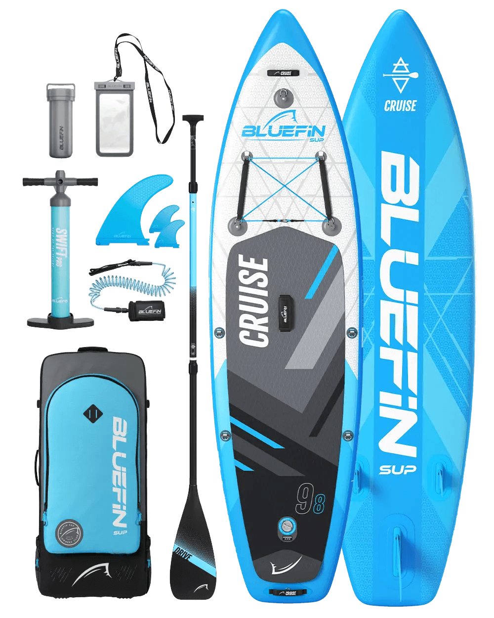 Inflatable paddleboard kit with paddle, pump, fins, backpack, and waterproof phone case in blue and gray.