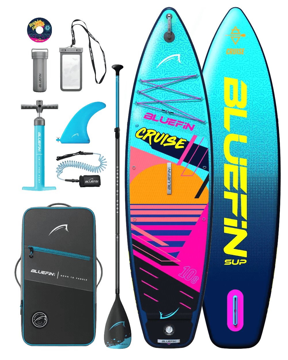 Inflatable paddleboard with colorful design, paddle, pump, fin, bag, and accessories for water sports.
