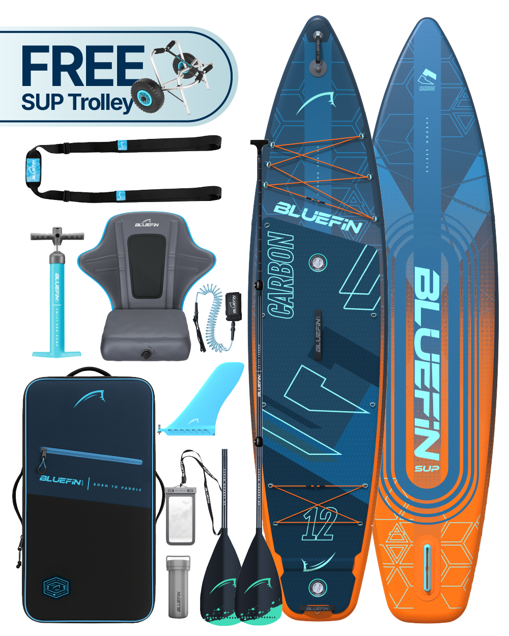 Inflatable paddleboard with blue and orange design, paddle, pump, seat, and accessories in a carrying bag