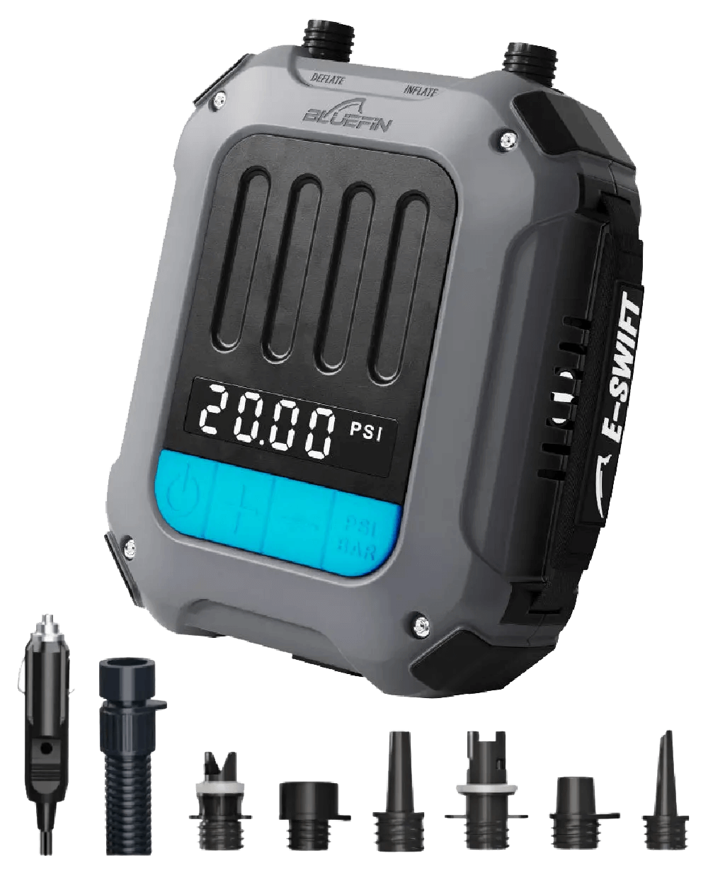 Portable electric pump with digital display showing 20.00 PSI, six nozzle attachments, and car charger.
