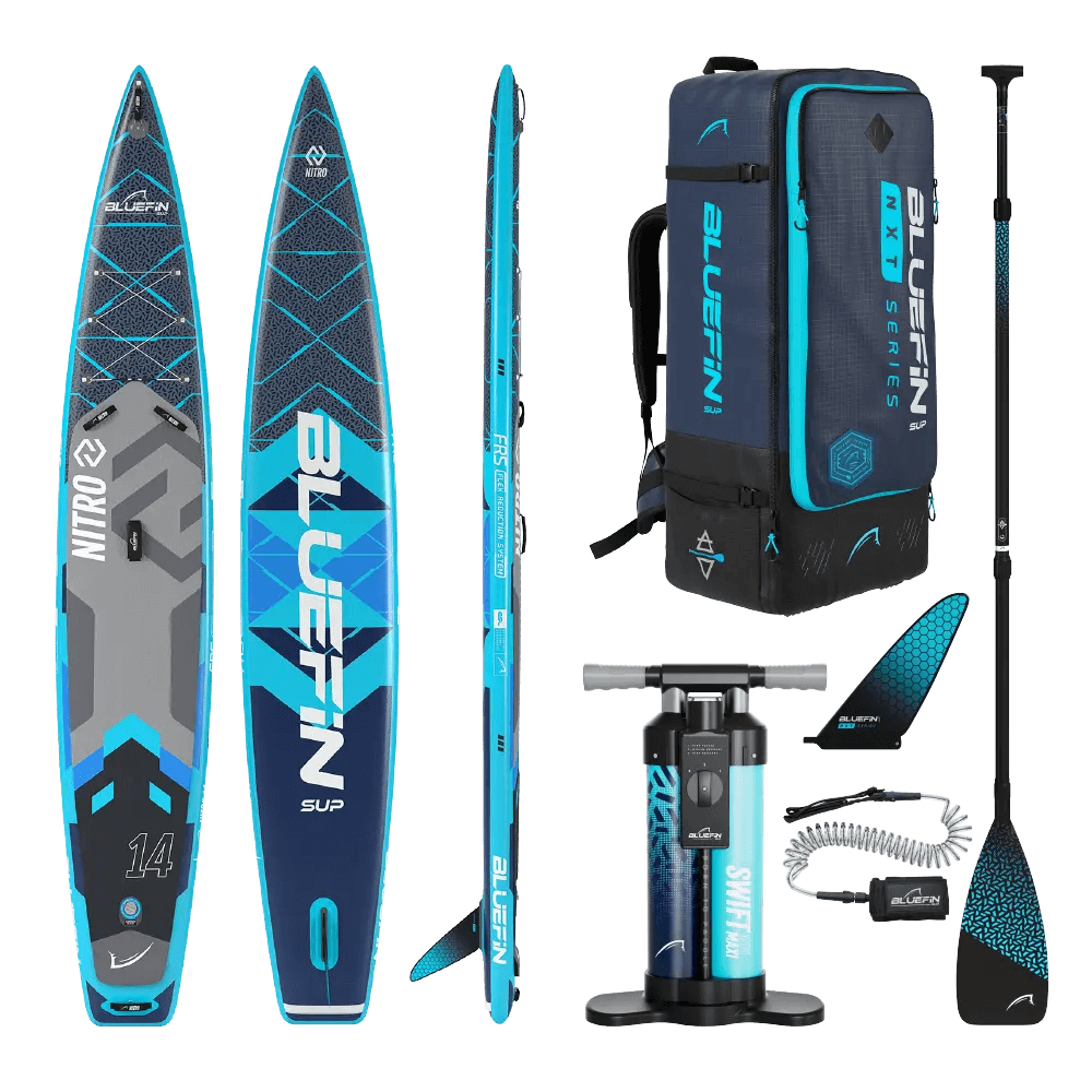 Aufblasbares Paddleboard mit blau-grauem Design, Paddel, Pumpe und Rucksack für den Transport.