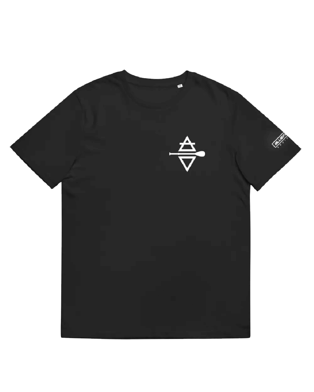 Black t-shirt featuring a white graphic design on the front and a logo on the sleeve