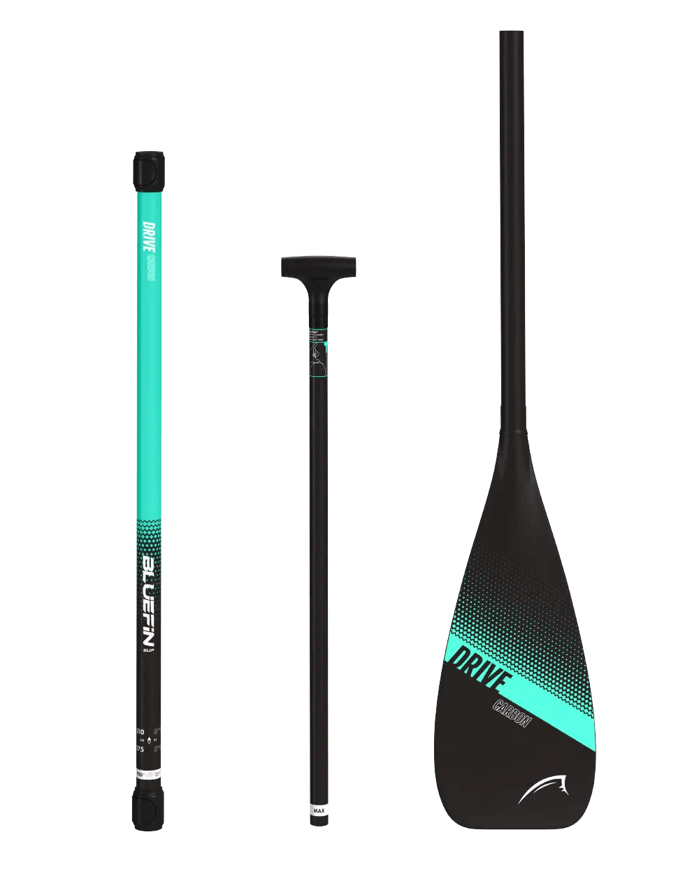 Three-piece paddle with a turquoise shaft, black handle, and a wide blade featuring a gradient design.