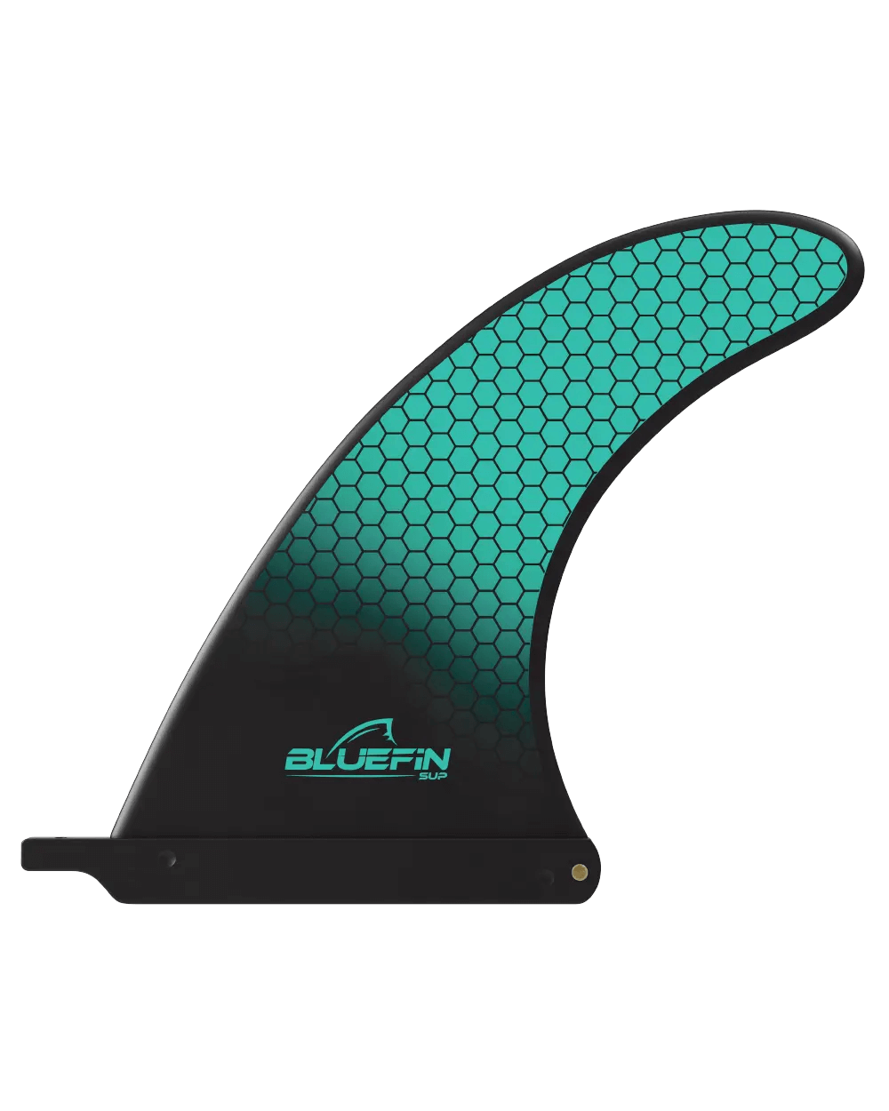 Black fin with teal hexagonal pattern and Bluefin SUP logo, designed for paddleboards.