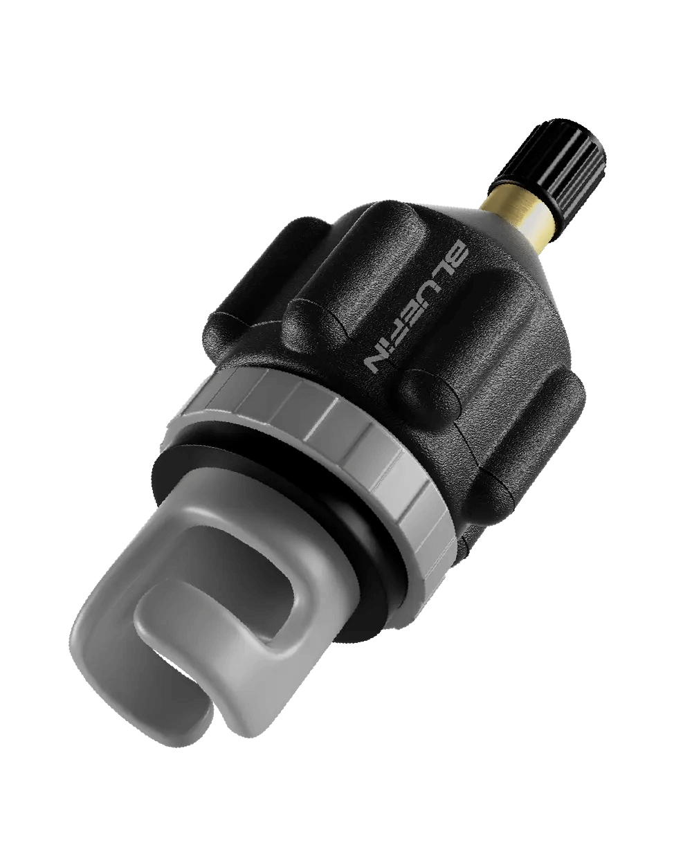 Black valve with a gray base and a yellow connector, designed for inflatable paddleboards