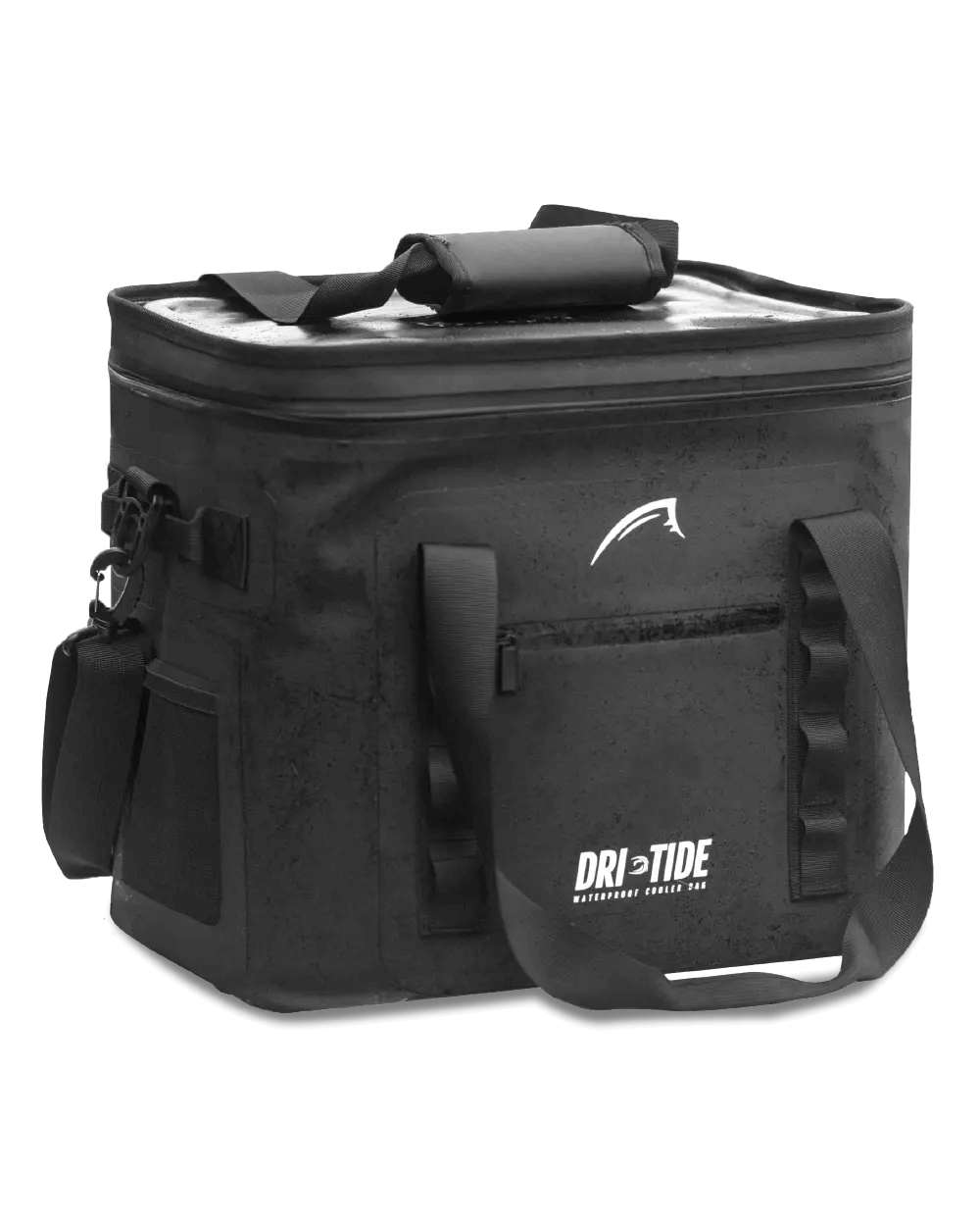 Black waterproof cooler bag with top handle, shoulder strap, and front zip pocket
