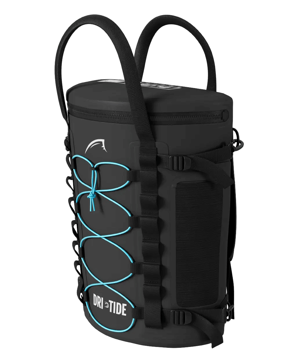 Black waterproof backpack with blue bungee cords, adjustable straps, and a side pocket
