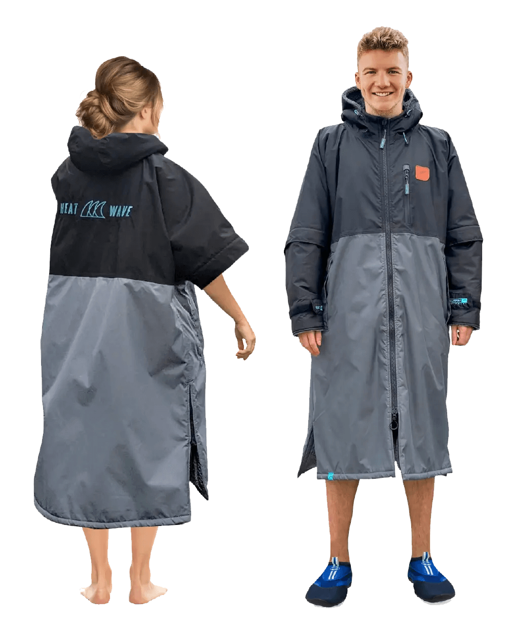 Two people wearing a long, waterproof poncho in gray and black, one facing front and one back.