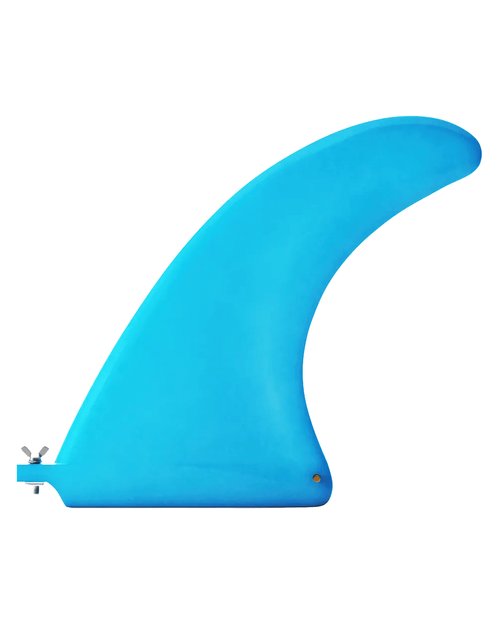 Blue surfboard fin with a curved shape and mounting hardware on one side