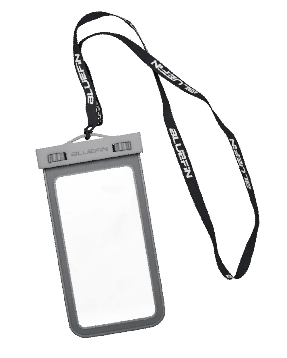 Waterproof phone pouch with gray frame and adjustable lanyard for secure carrying