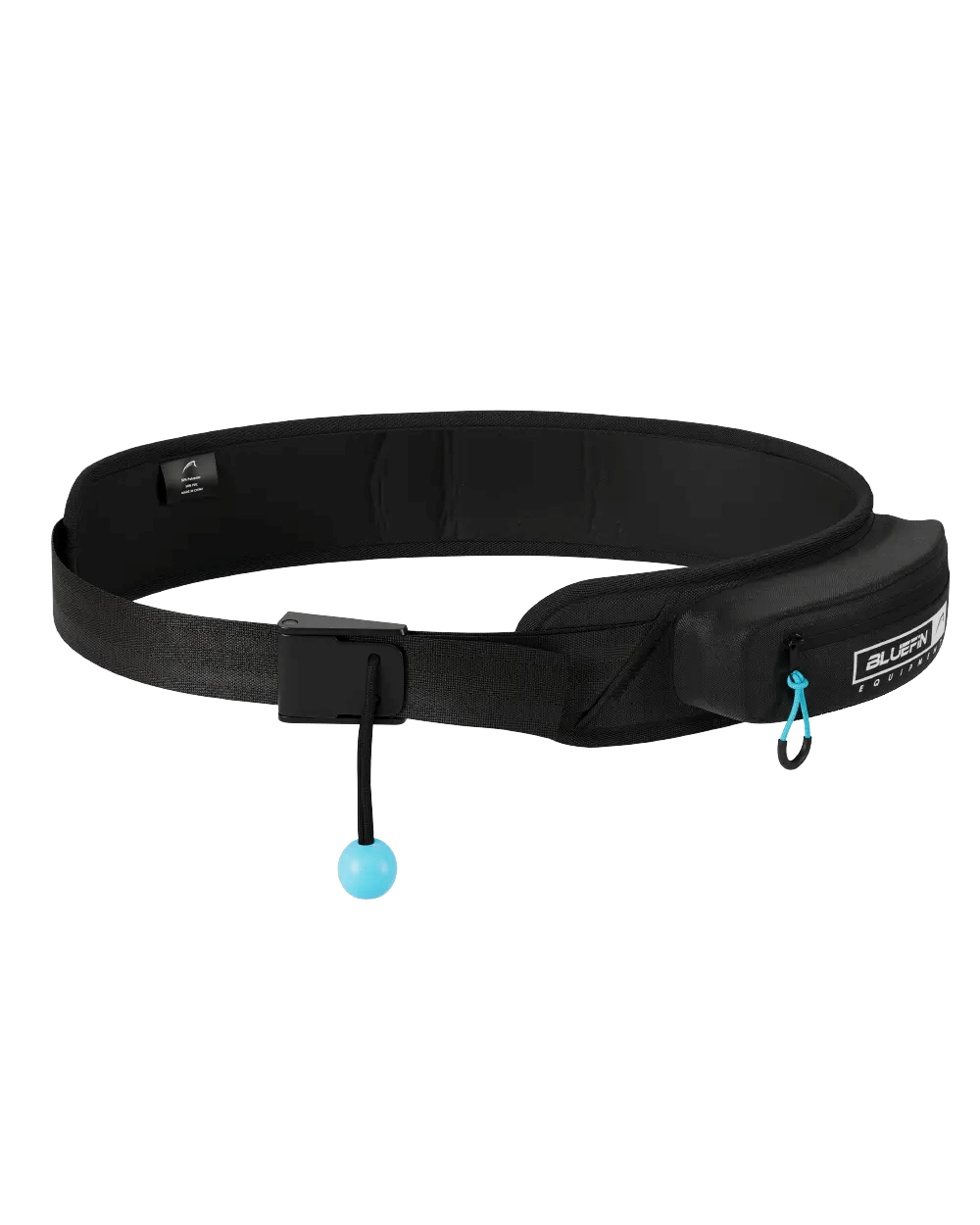 Black waist belt with adjustable strap, quick-release buckle, and blue ball attachment.