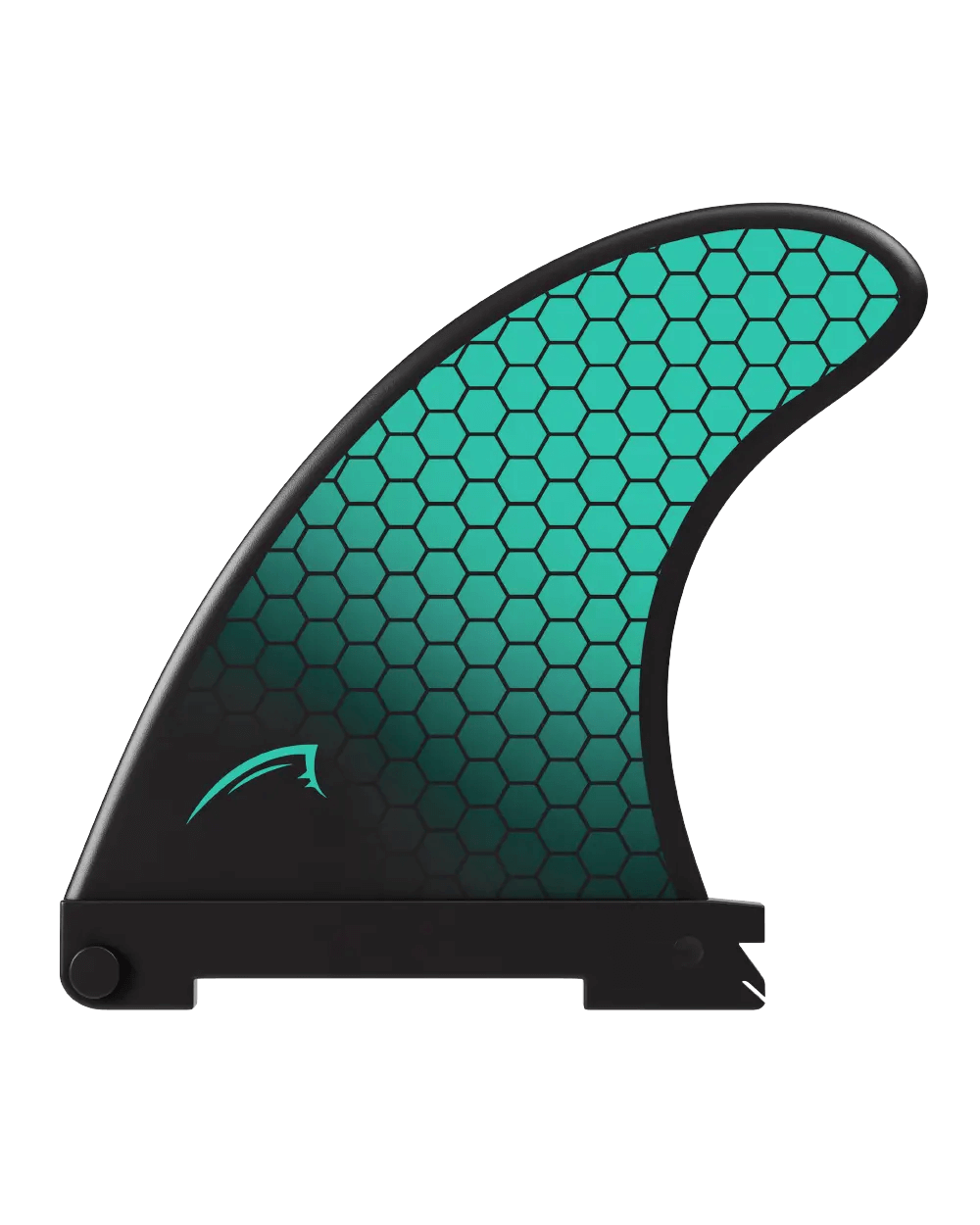 Black surfboard fin with a turquoise hexagonal pattern and a shark logo on the side
