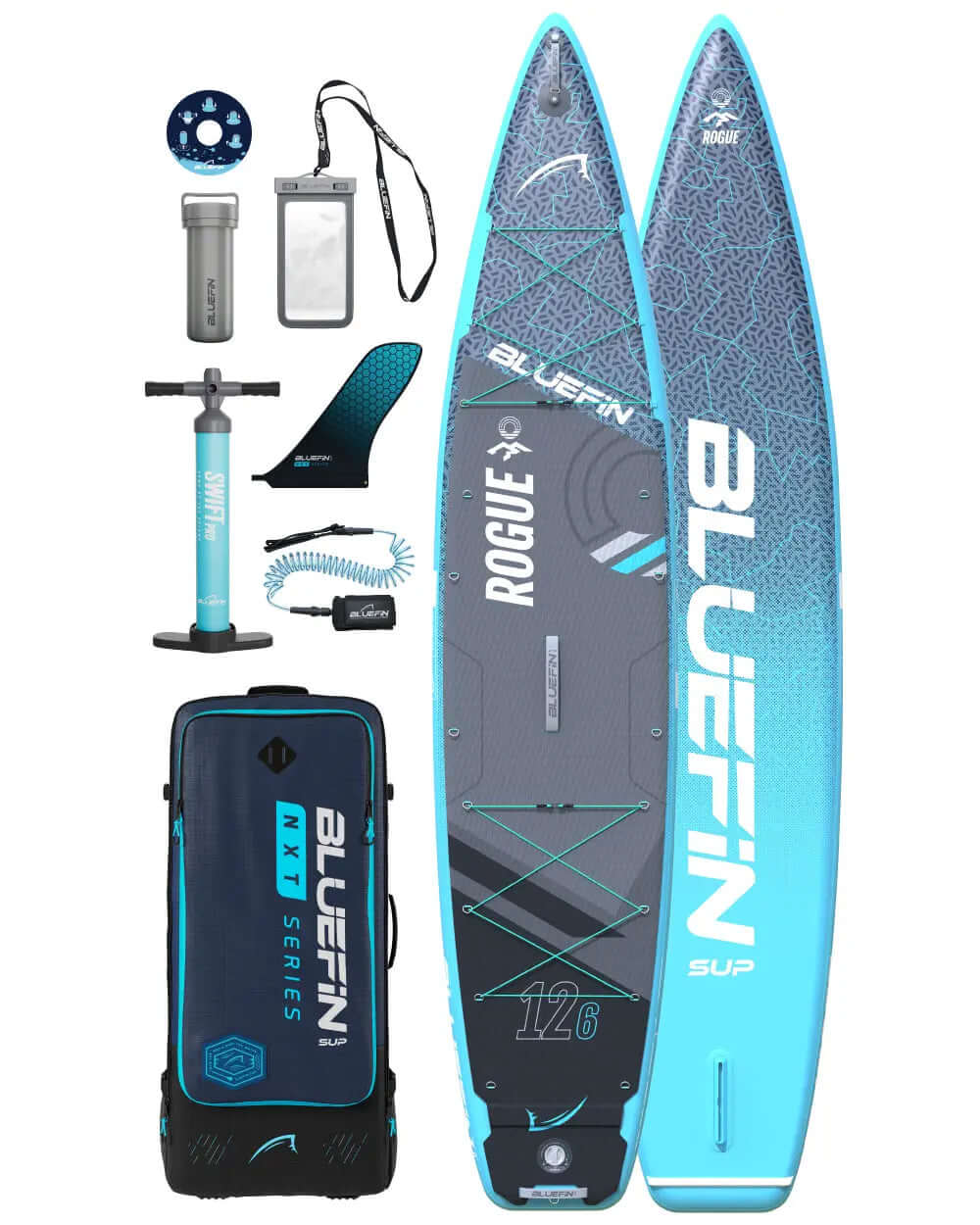 Inflatable paddleboard kit with pump, fin, backpack, and waterproof phone case in blue and gray colors