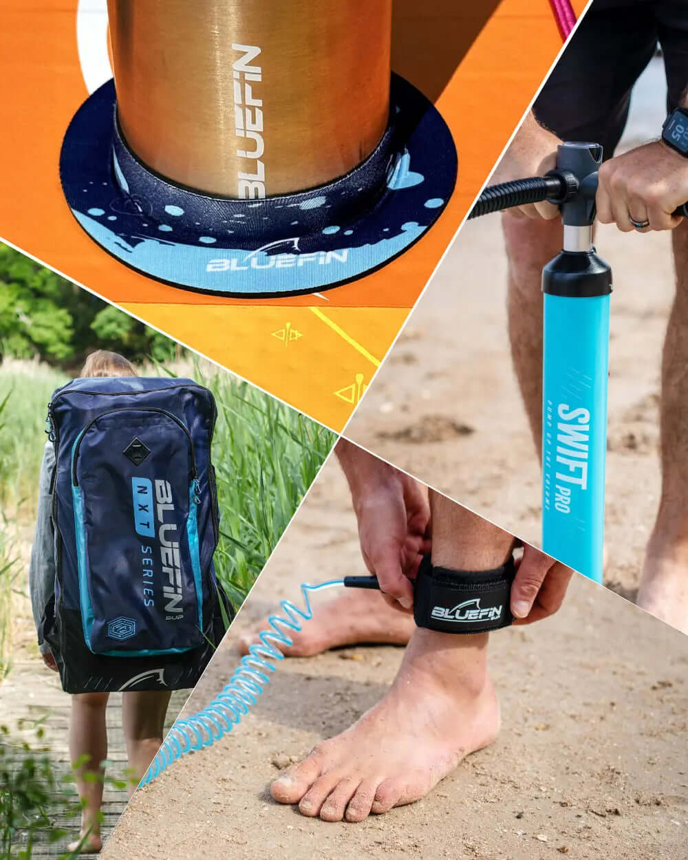 Collage of Bluefin SUP products: paddleboard fin, pump, backpack, and ankle leash on sandy beach.