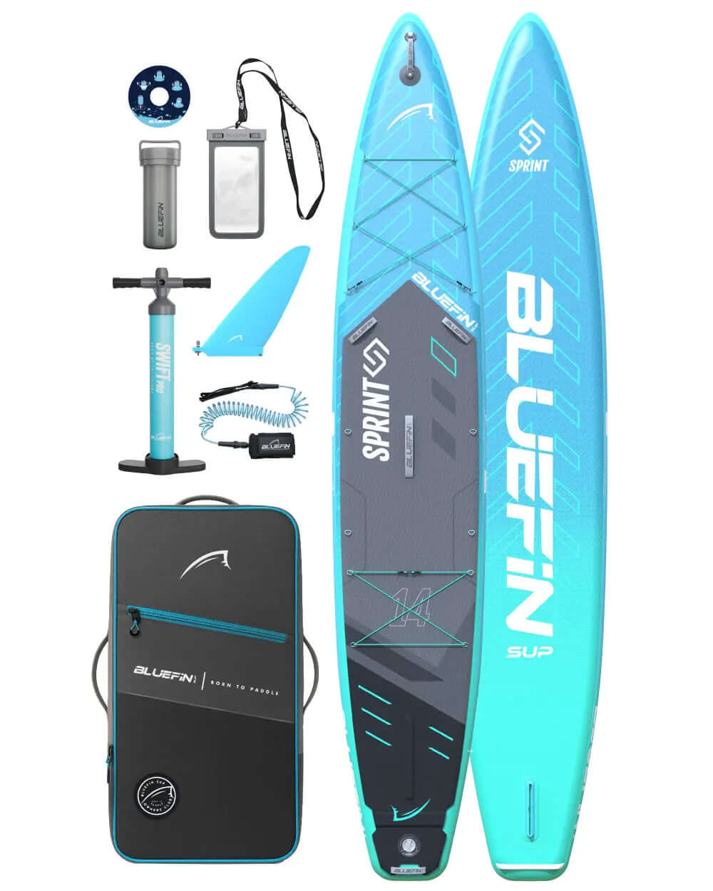 Inflatable paddleboard kit with pump, fin, backpack, and accessories in blue and gray colors.