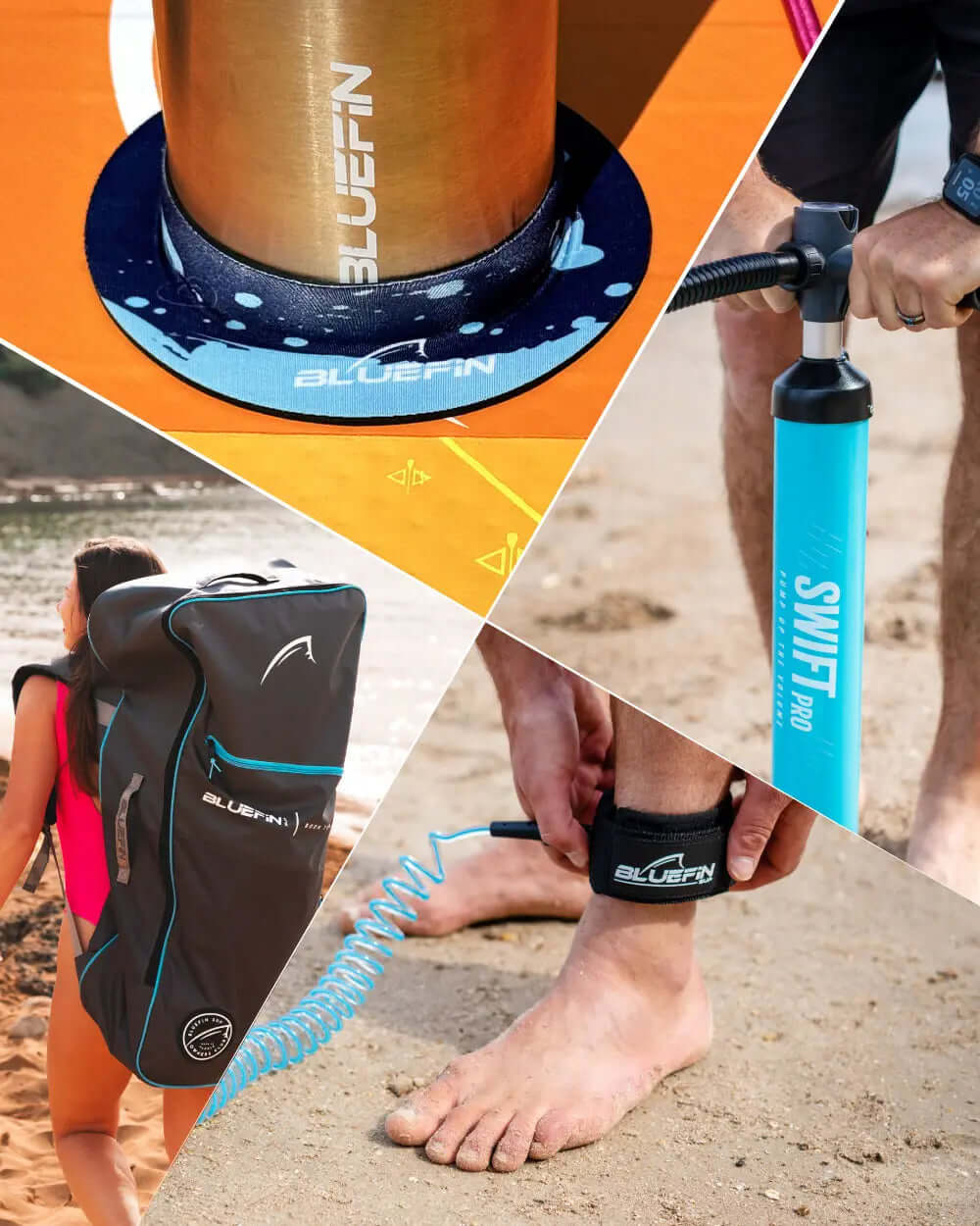 Collage of Bluefin products: paddleboard fin, pump, backpack, and ankle leash on beach