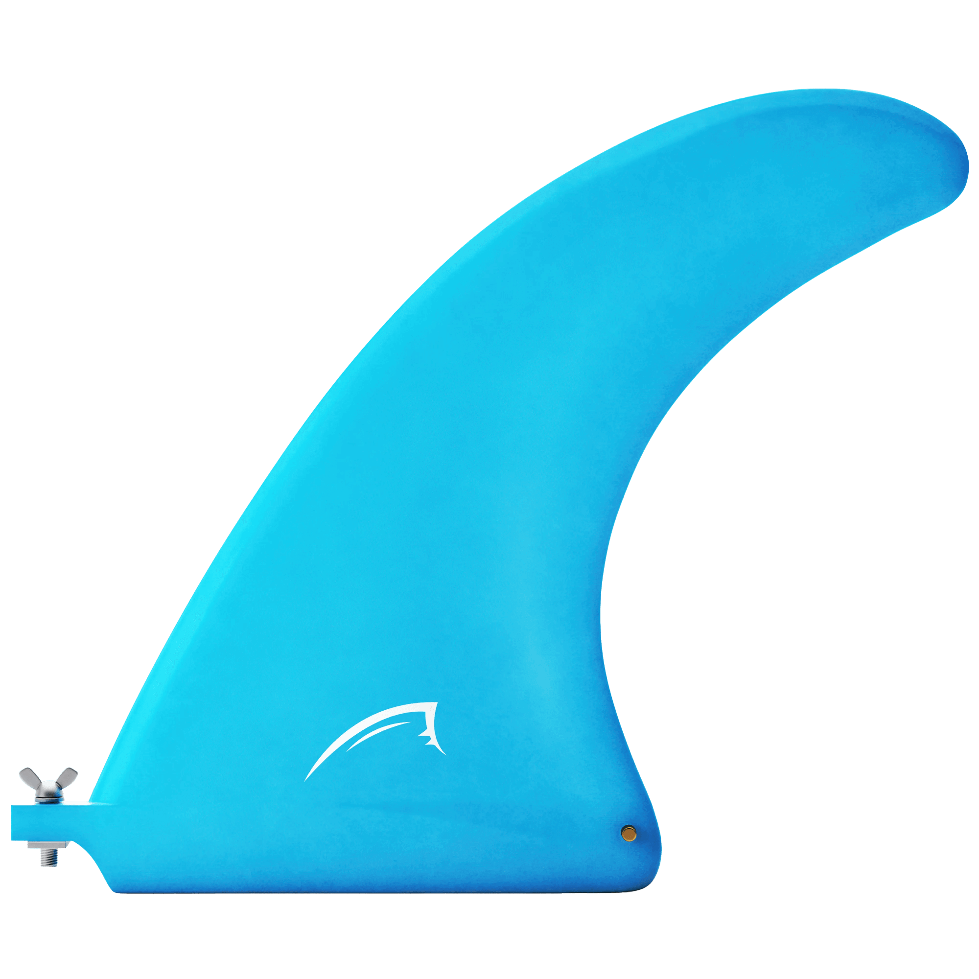 Blue surfboard fin with a curved shape and a mounting screw on one side