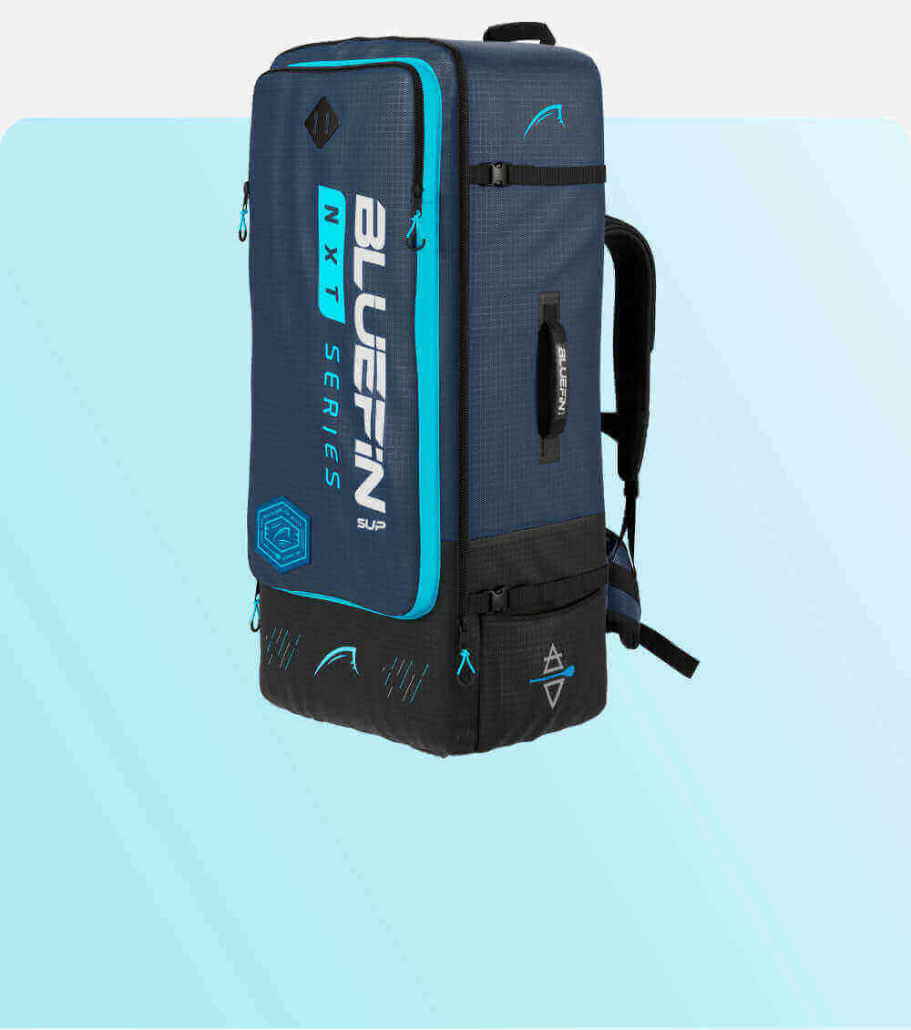 Bluefin SUP NXT Series backpack in navy and turquoise with adjustable straps and multiple compartments