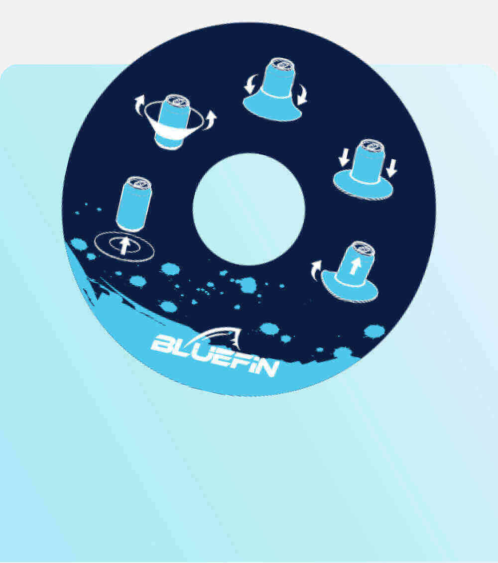 Circular diagram showing five different paddleboard maneuvers with arrows and a blue background