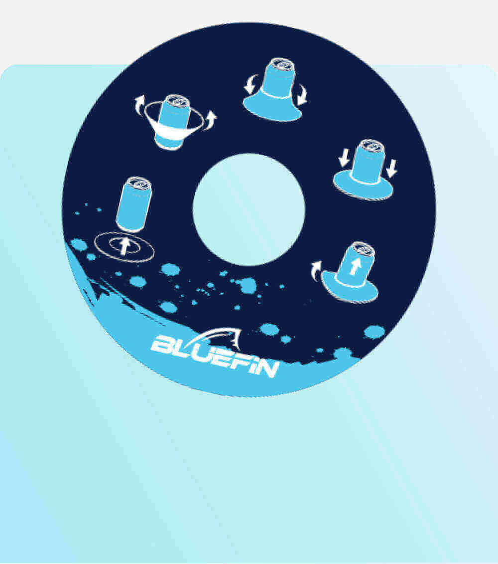 Circular diagram showing five different paddleboard maneuvers with arrows and a blue background