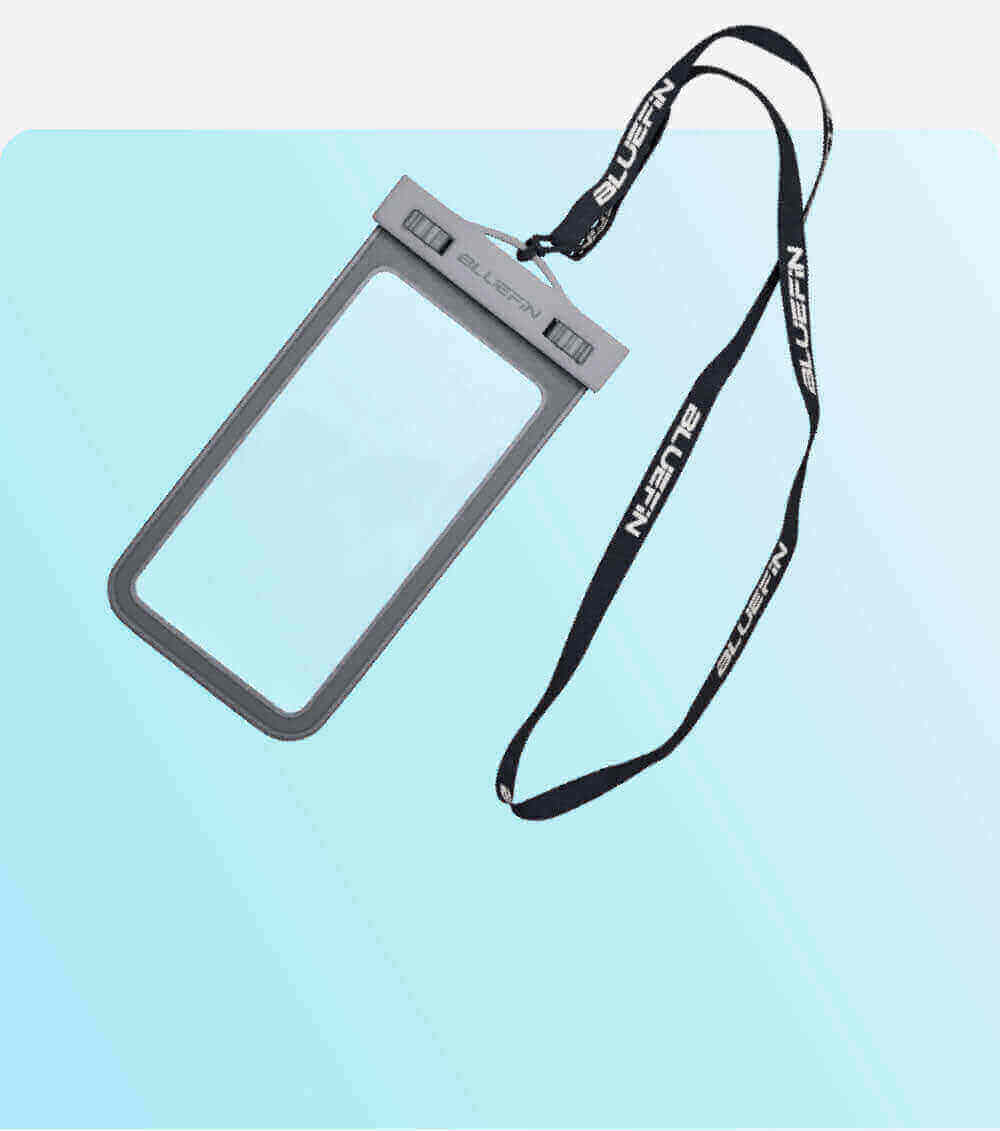 Clear waterproof phone case with gray edges and a black lanyard, suitable for outdoor activities.
