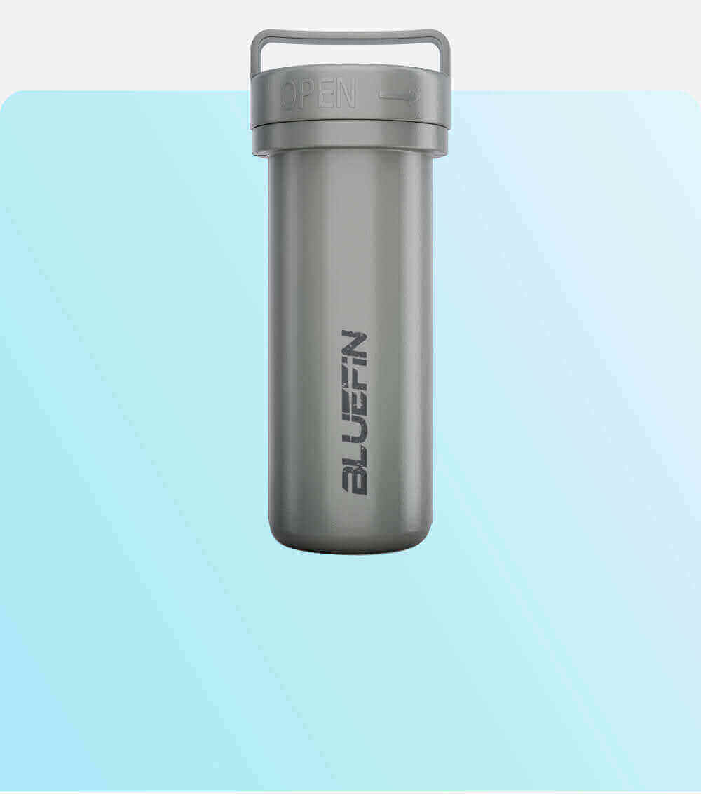 Gray waterproof container with an open lid, featuring the Bluefin logo on the side.