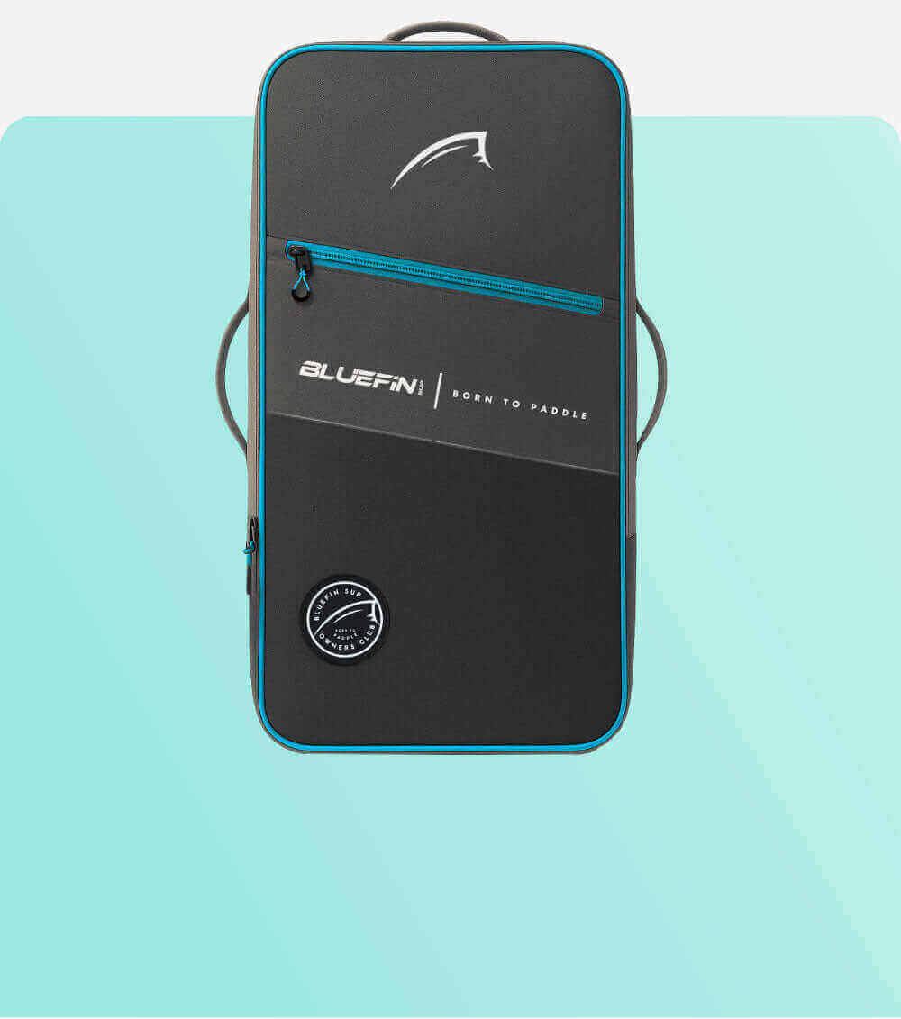 Black and blue backpack with zipper, logo, and handle for carrying gear.