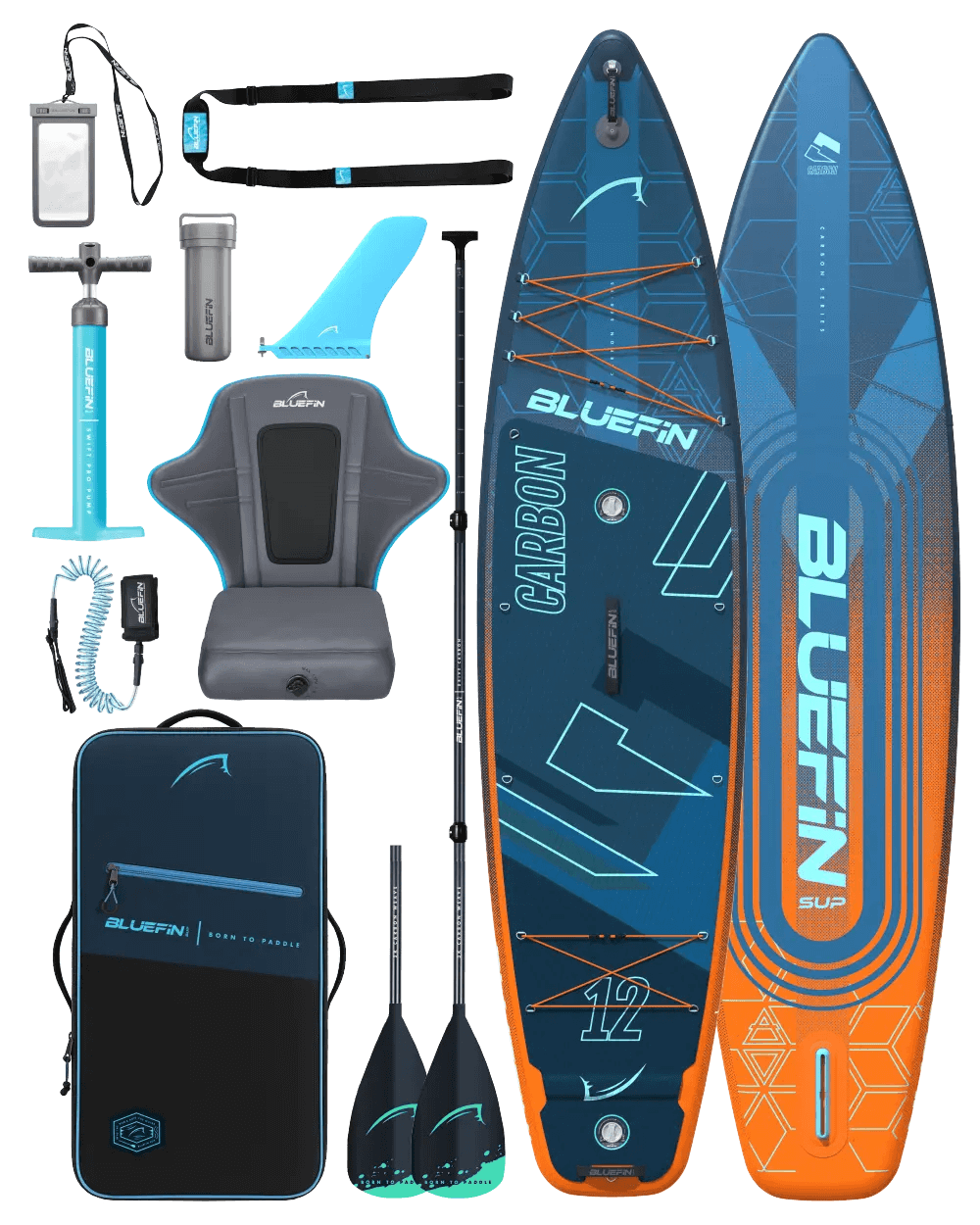 Inflatable paddleboard kit including paddle, pump, seat, fin, and carrying bag in blue and orange colors.