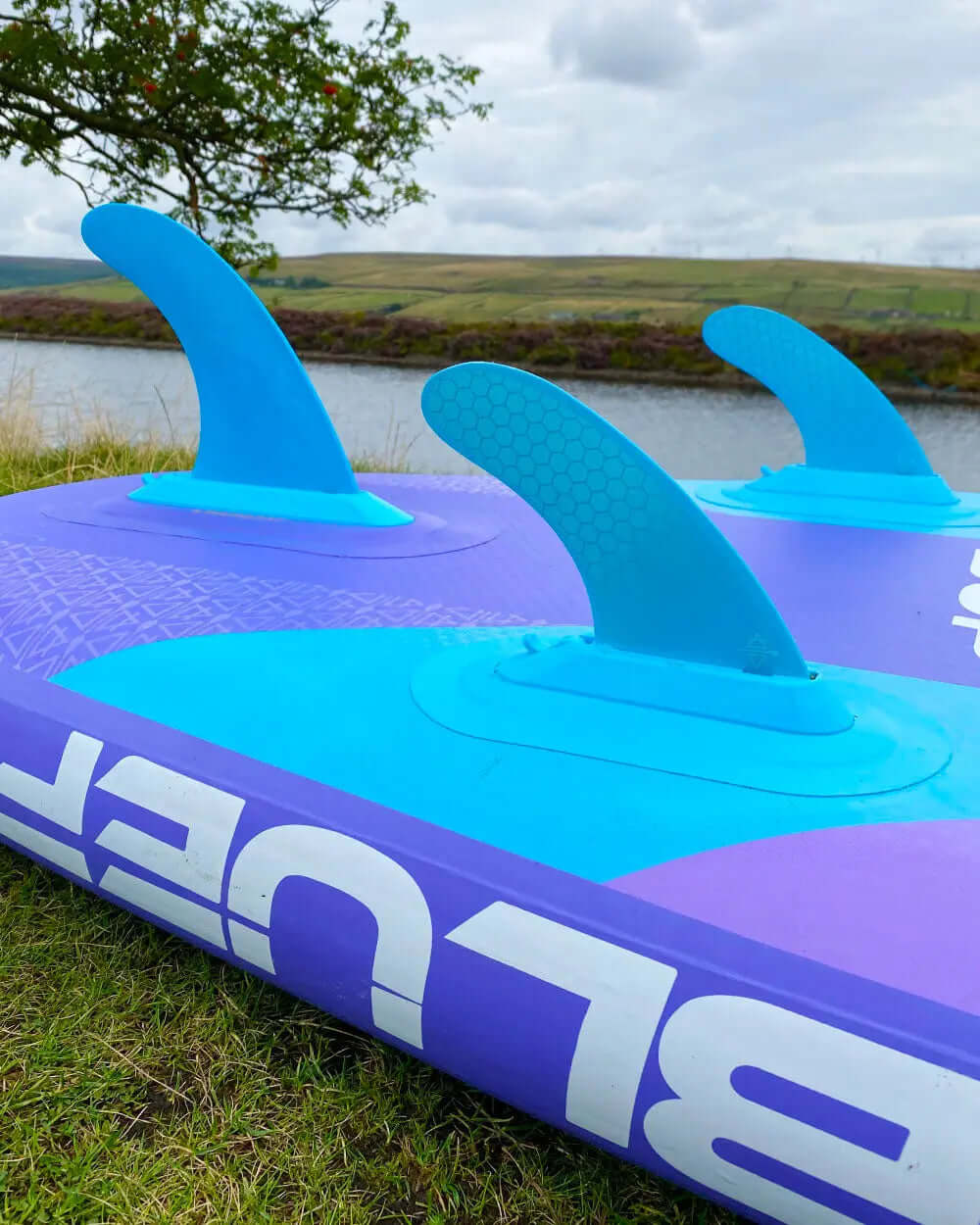 Inflatable paddleboard with three blue fins, purple deck, and grassy background near water