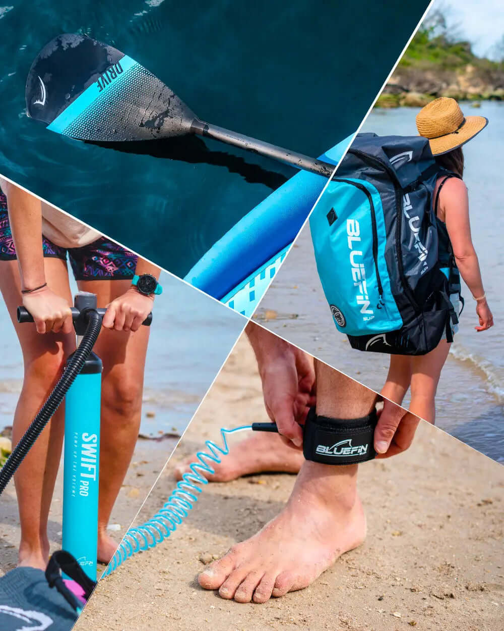 Collage of paddleboard gear: paddle, pump, ankle leash, and person with backpack on beach